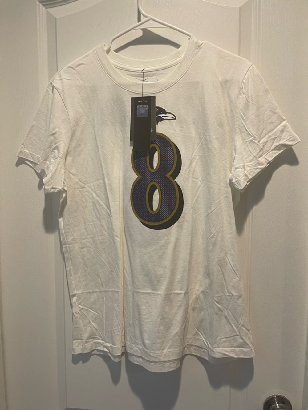 Nike White Short-Sleeve Tee with Navy and Gold Number 8